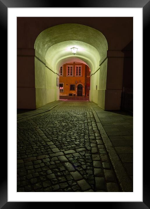 Empty Cobbled Street In City By Night Framed Mounted Print by Artur Bogacki
