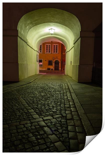 Empty Cobbled Street In City By Night Print by Artur Bogacki