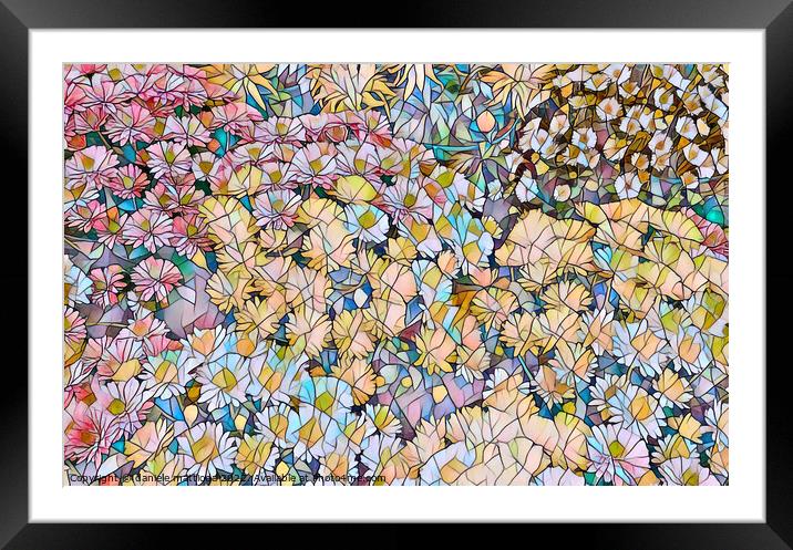 MOSAIC EFFECT on  A set of white, yellow and purple chrysanthemums Framed Mounted Print by daniele mattioda