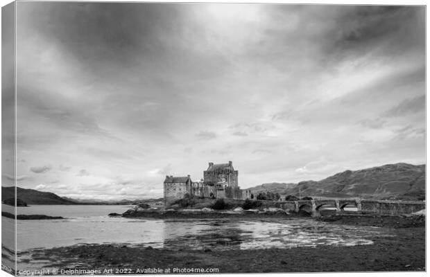 Eilean Donan castle, black and white Canvas Print by Delphimages Art