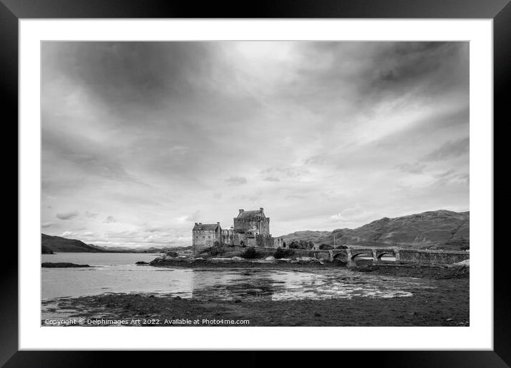 Eilean Donan castle, black and white Framed Mounted Print by Delphimages Art