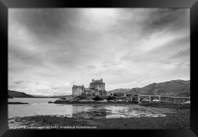 Eilean Donan castle, black and white Framed Print by Delphimages Art