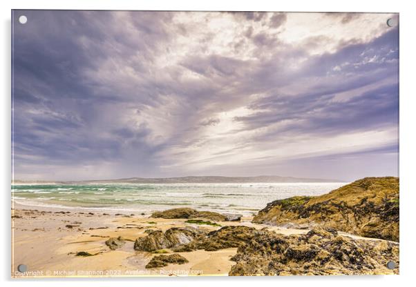 Stormy and Overcast Day at Godrevy Beach in Cornwa Acrylic by Michael Shannon