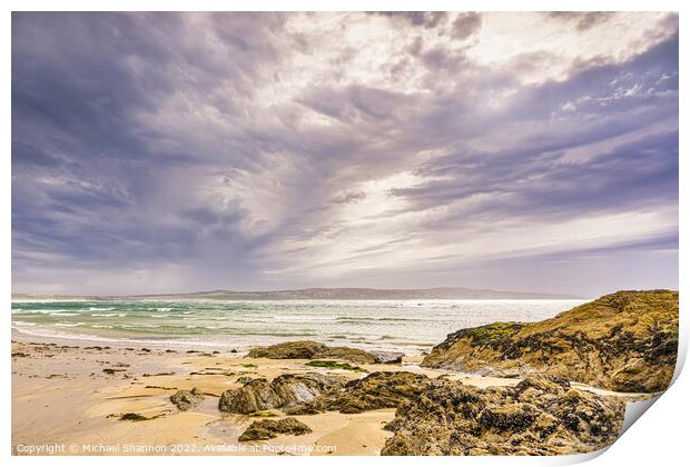 Stormy and Overcast Day at Godrevy Beach in Cornwa Print by Michael Shannon