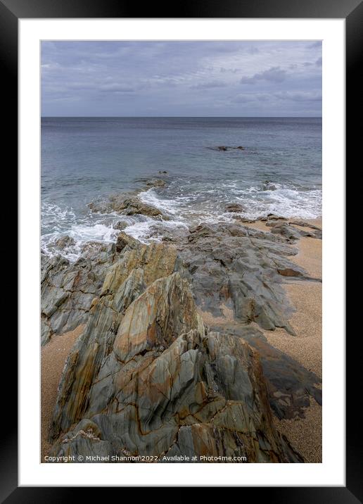 Rock formations on the beach at Porthleven in Corn Framed Mounted Print by Michael Shannon