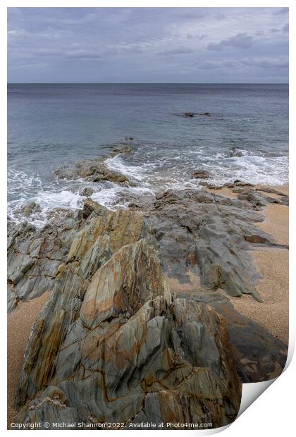 Rock formations on the beach at Porthleven in Corn Print by Michael Shannon