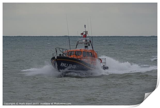 Hastings Lifeboat speeding to the rescue Print by Mark Ward
