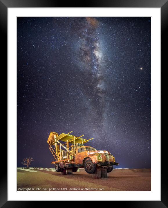 Old vintage mining truck under the Milky Way Framed Mounted Print by John-paul Phillippe