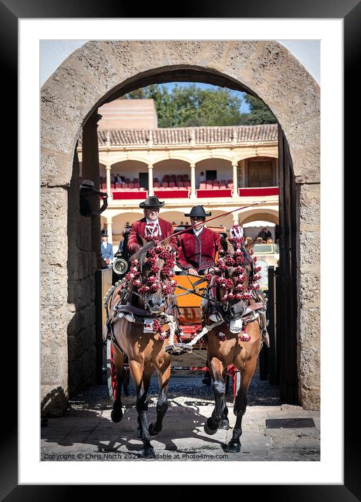 Horses in carriage leaving Ronda bullring Spain Framed Mounted Print by Chris North