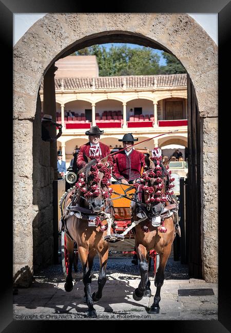 Horses in carriage leaving Ronda bullring Spain Framed Print by Chris North