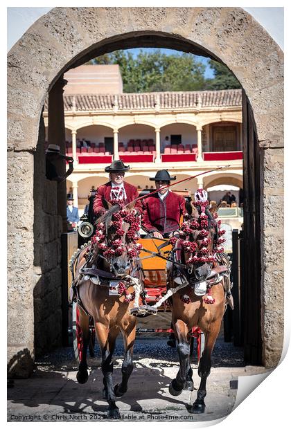 Horses in carriage leaving Ronda bullring Spain Print by Chris North