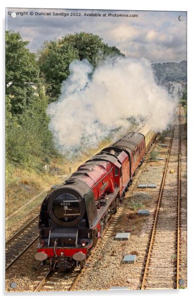 Duchess of Sutherland blasts out of Bath on a sunny early Autumn day Acrylic by Duncan Savidge