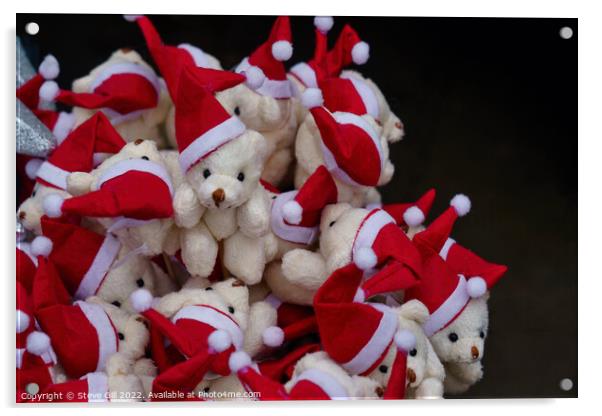 Stack of Adorable Teddy Bears Wearing Father Christmas Hats. Acrylic by Steve Gill