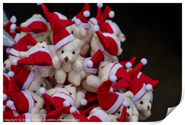 Stack of Adorable Teddy Bears Wearing Father Christmas Hats. Print by Steve Gill