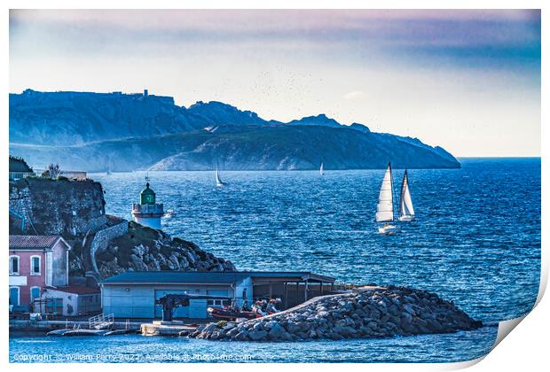 Harbor Lighthouse Sailboats Buildings Marseille France Print by William Perry