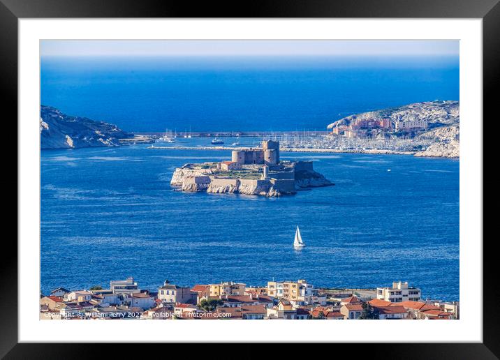 Island Fort Cityscape Sailboats Buildings Marseille France Framed Mounted Print by William Perry