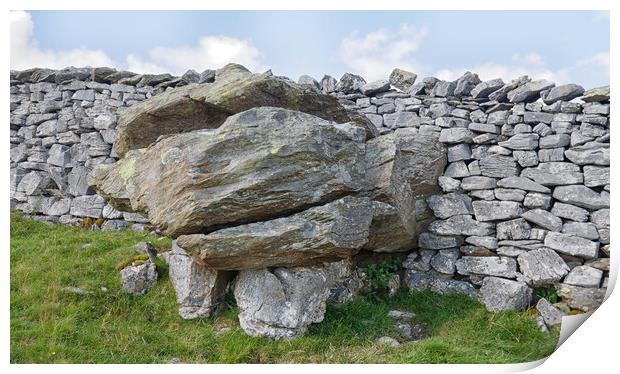 Glacial erratic in a wall.  Print by Mark Godden