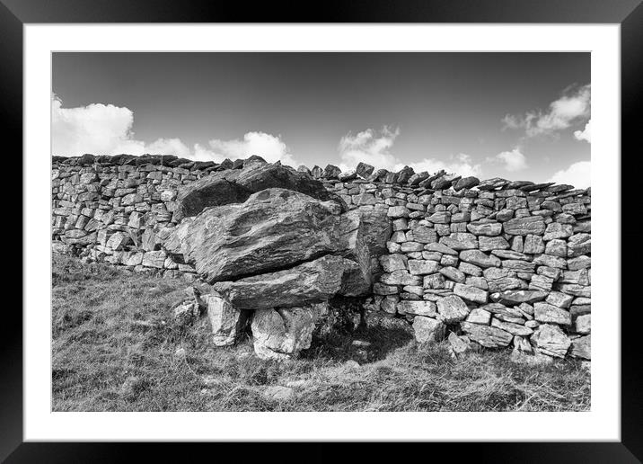Glacial erratic in a wall, photographed in monochrome Framed Mounted Print by Mark Godden
