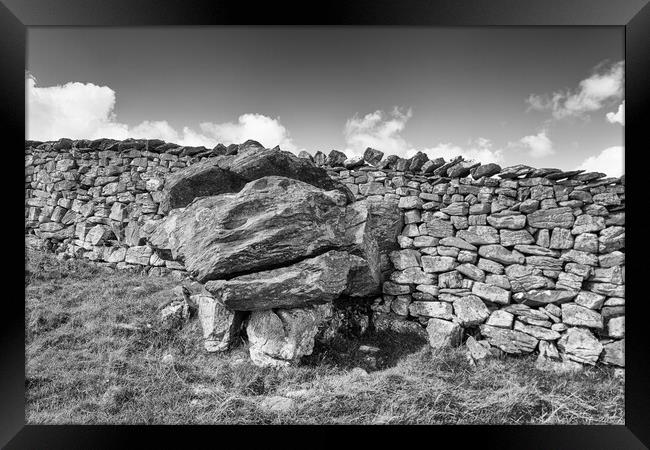Glacial erratic in a wall, photographed in monochrome Framed Print by Mark Godden