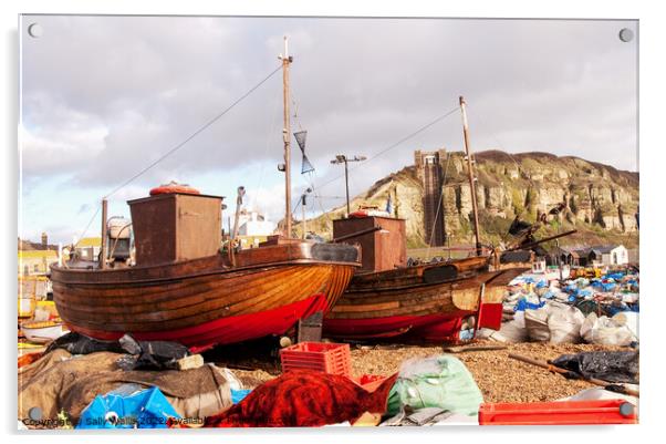 Clinker built fishing boats on Hastings Beach Acrylic by Sally Wallis