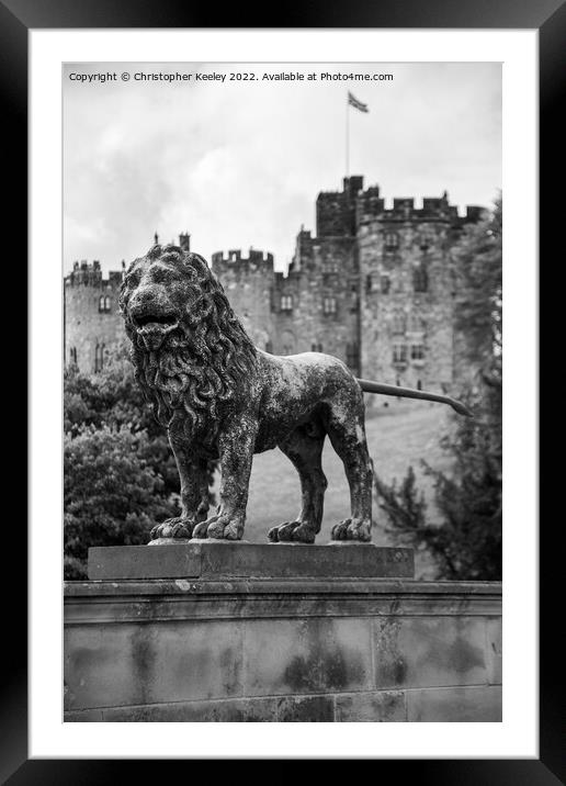 Alnwick Castle lion statue in black and white Framed Mounted Print by Christopher Keeley
