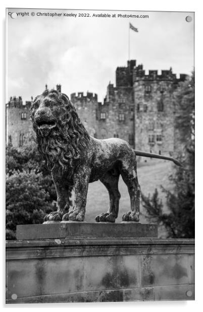 Alnwick Castle lion statue in black and white Acrylic by Christopher Keeley
