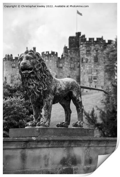 Alnwick Castle lion statue in black and white Print by Christopher Keeley