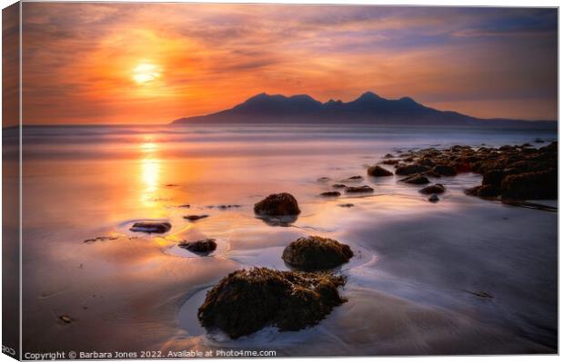 Sunset over Rum from Eigg, Small Isles Scotland. Canvas Print by Barbara Jones