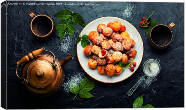 Curd donuts with raspberries for tea Canvas Print by Mykola Lunov Mykola