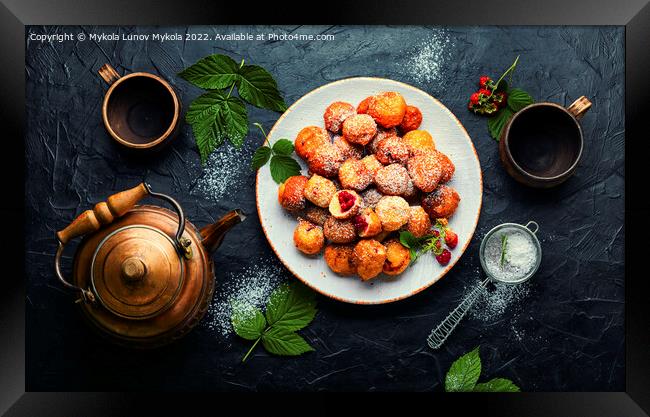 Curd donuts with raspberries for tea Framed Print by Mykola Lunov Mykola