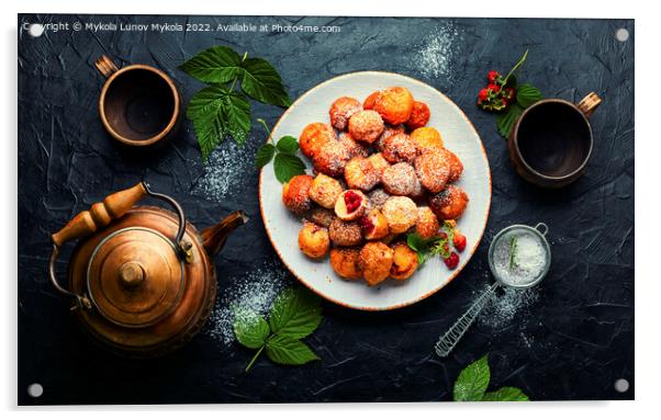 Curd donuts with raspberries for tea Acrylic by Mykola Lunov Mykola