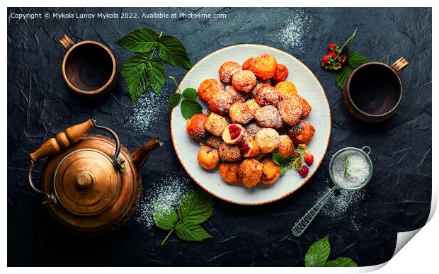 Curd donuts with raspberries for tea Print by Mykola Lunov Mykola