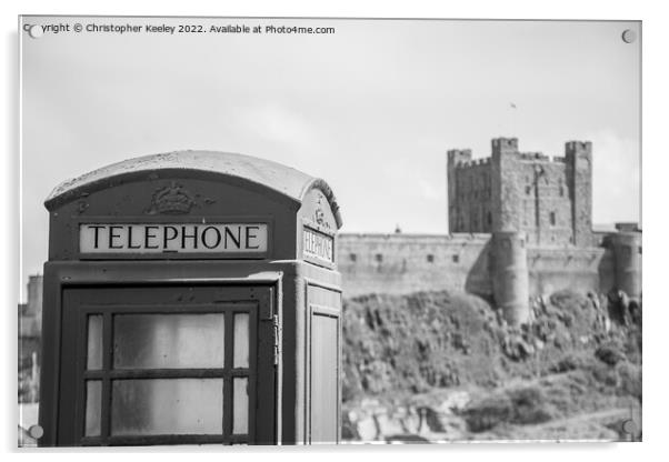 Black and white Bamburgh Castle telephone box Acrylic by Christopher Keeley