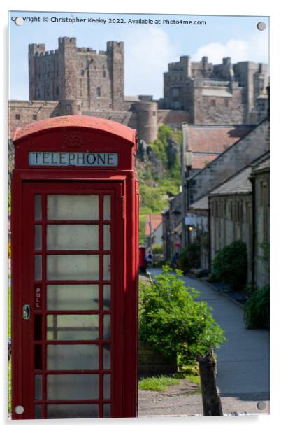 Red telephone box and Bamburgh Castle Acrylic by Christopher Keeley
