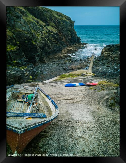 Old rowing boat on the slipway in Church Cove, Cor Framed Print by Michael Shannon