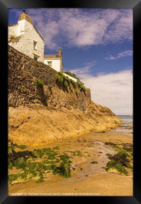 Whitewashed Cottages and sea wall in Gorran Haven, Framed Print by Michael Shannon