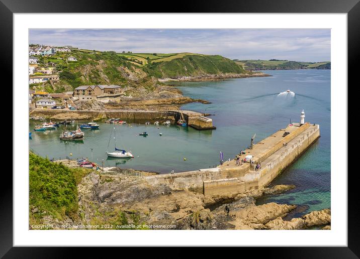 Aerial view of the outer harbour in Mevagissey, Co Framed Mounted Print by Michael Shannon