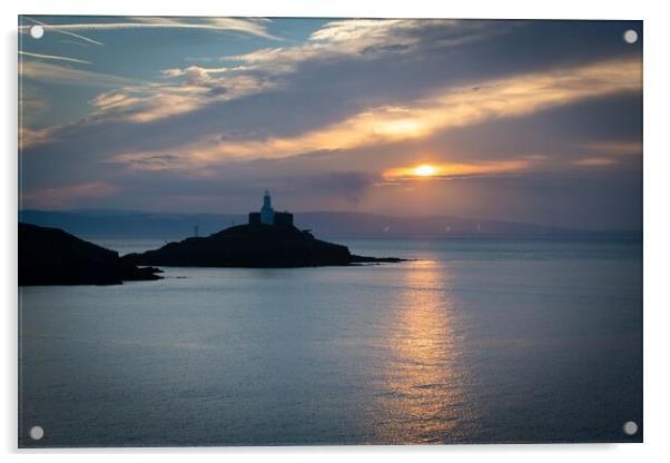 Mumbles lighthouse at sunrise Acrylic by Bryn Morgan