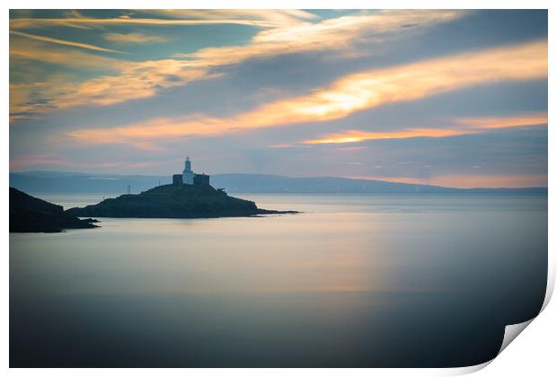 Mumbles lighthouse at sunrise Print by Bryn Morgan