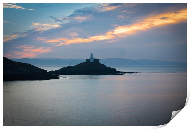 Mumbles lighthouse at sunrise Print by Bryn Morgan