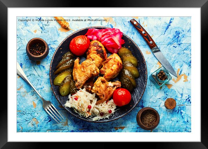 Roasted chicken meat and pickles. Framed Mounted Print by Mykola Lunov Mykola