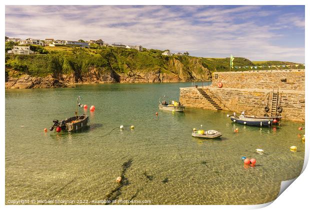 Small boats and Harbour Wall in Gorran Haven in Co Print by Michael Shannon