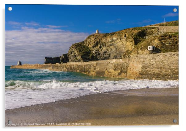 Waves breaking onto the beach in Portreath, Cornwa Acrylic by Michael Shannon