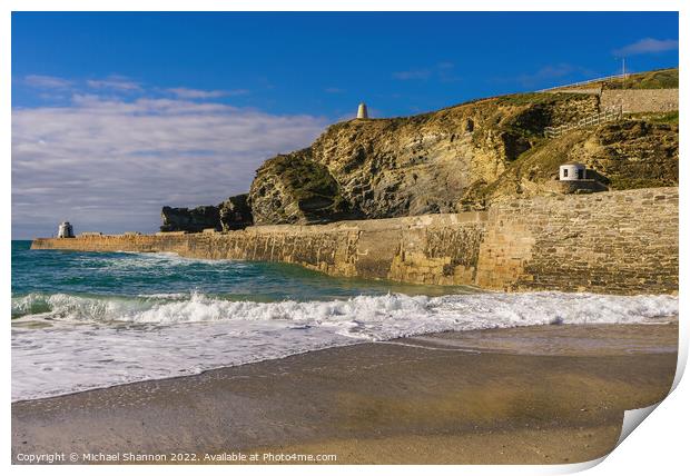 Waves breaking onto the beach in Portreath, Cornwa Print by Michael Shannon