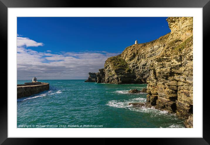 Pier, lookout towers and cliffs at Porthreath, Cor Framed Mounted Print by Michael Shannon