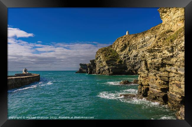 Pier, lookout towers and cliffs at Porthreath, Cor Framed Print by Michael Shannon