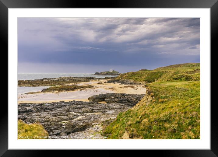 View from the cliffs above Godrevy beach in Cornwa Framed Mounted Print by Michael Shannon