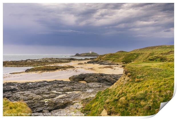 View from the cliffs above Godrevy beach in Cornwa Print by Michael Shannon