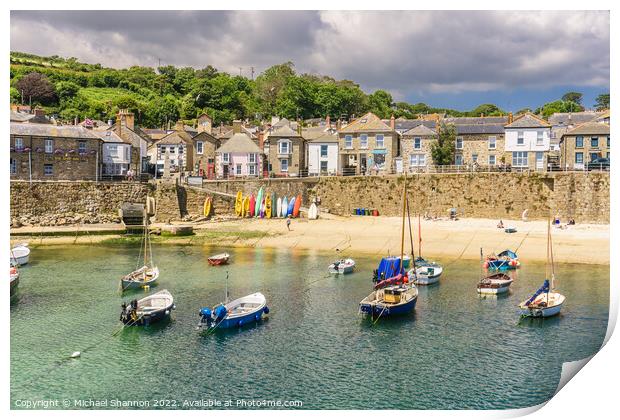 The harbour and beach in Mousehole, Cornwall Print by Michael Shannon