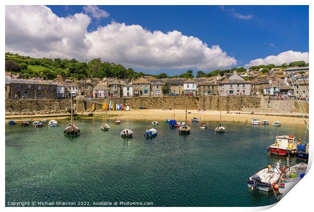 Boats moored in Mousehole harbour, Cornwall Print by Michael Shannon